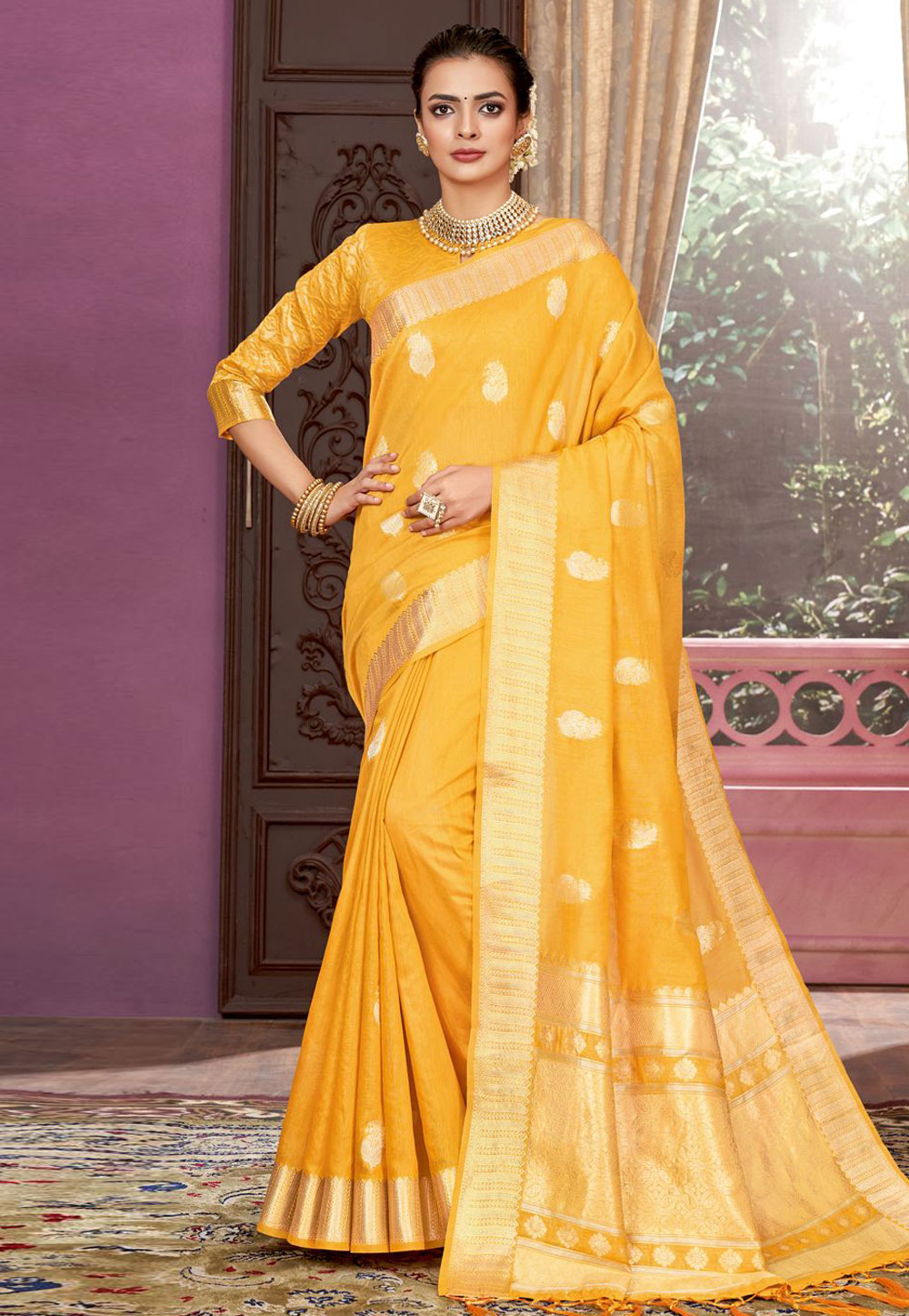 Yellow Cotton Saree With Blouse 242965