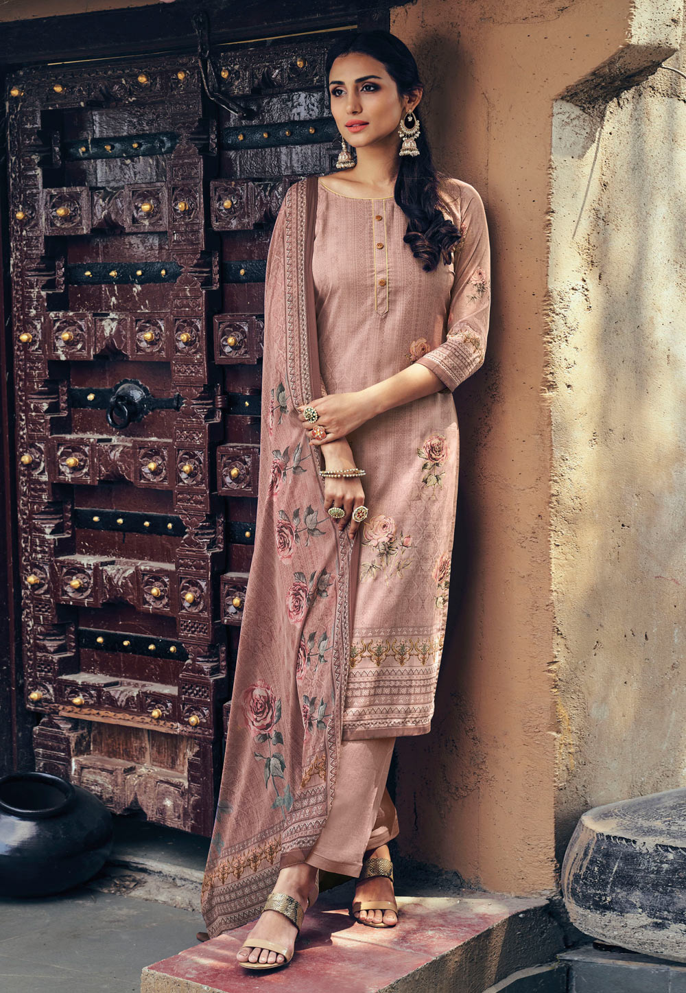 Pink Cotton Kameez With Palazzo 243387