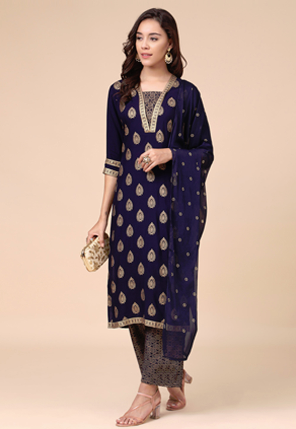 Navy Blue Rayon Readymade Pant Style Suit 243597