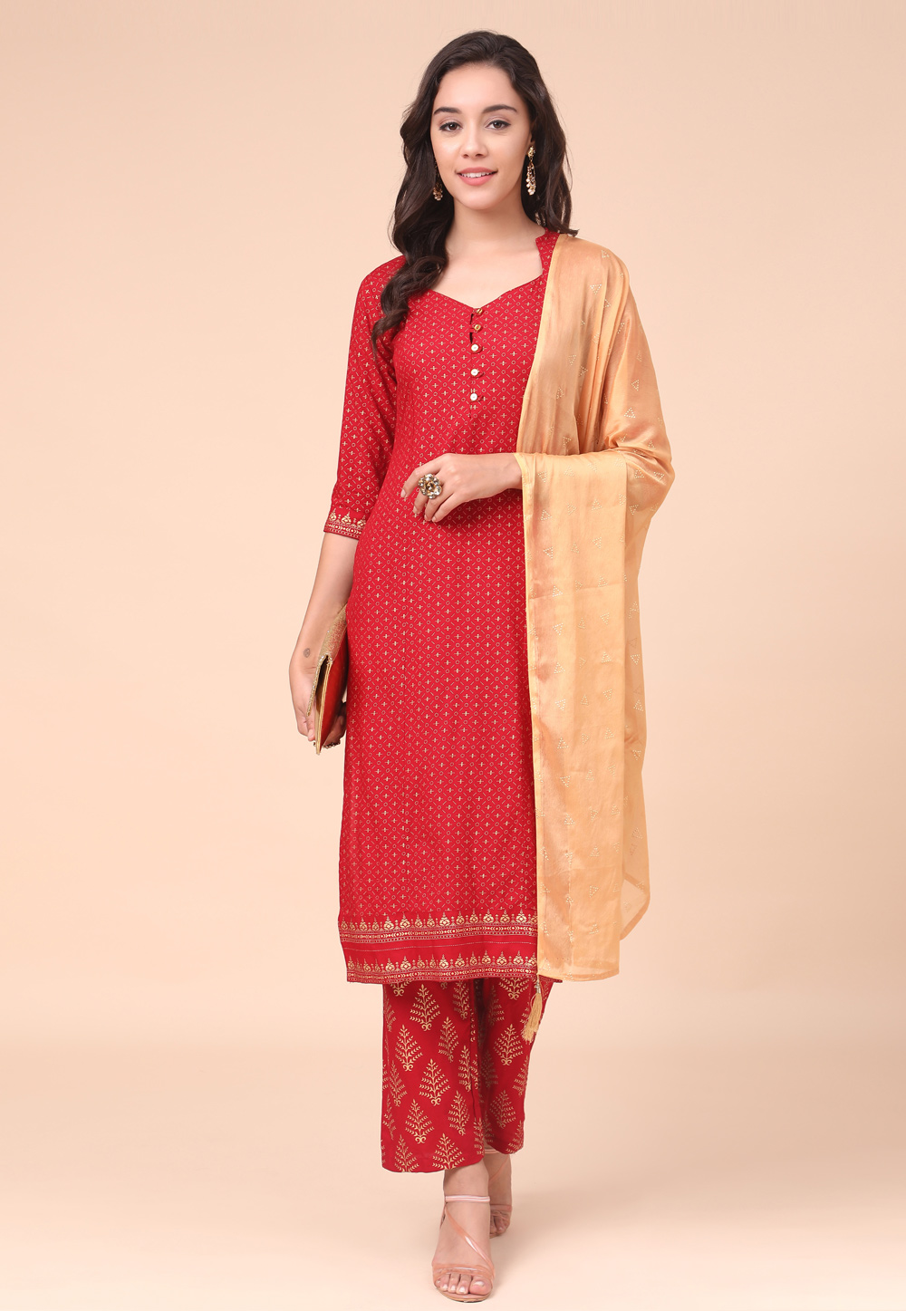 Red Rayon Readymade Kameez With Pant 243598