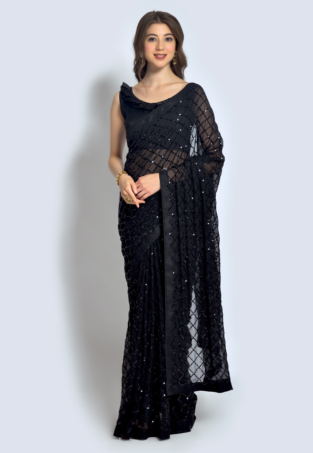 Black Georgette Sequence Saree With Blouse 244289