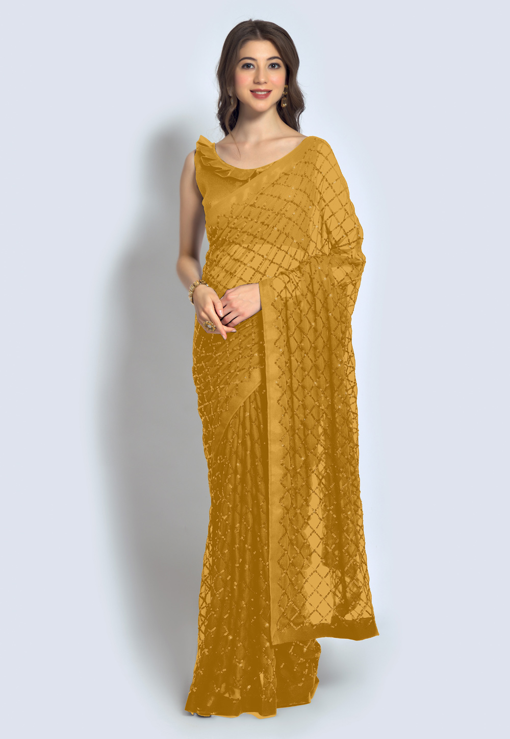 Mustard Georgette Sequence Saree With Blouse 244291