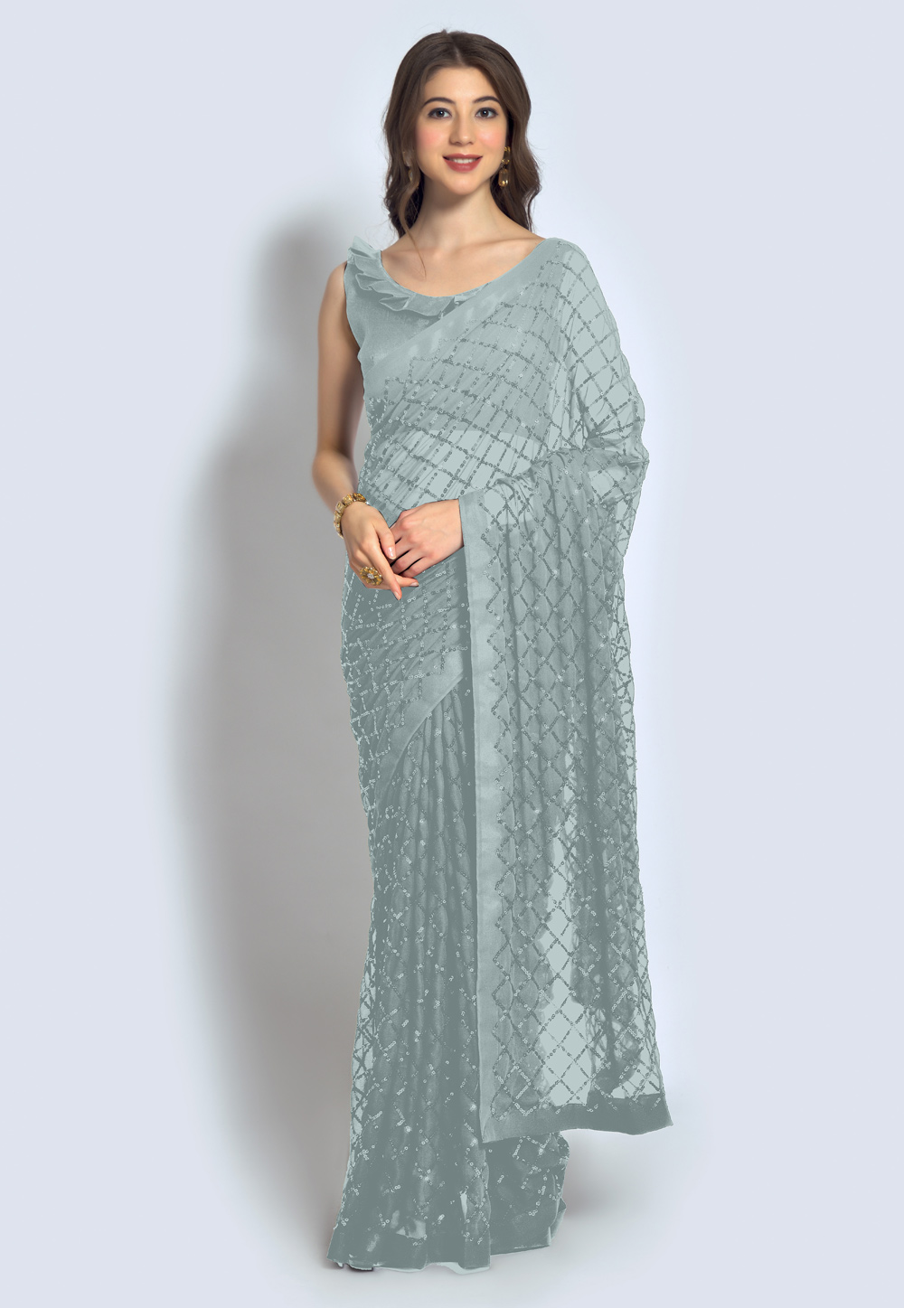 Grey Georgette Sequence Saree With Blouse 244293