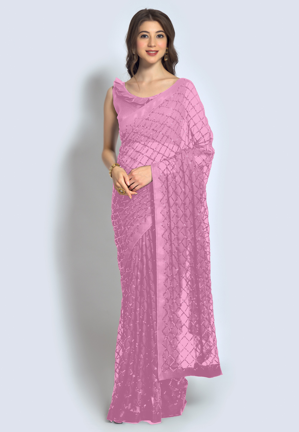 Pink Georgette Full Sequence Saree With Blouse 244294