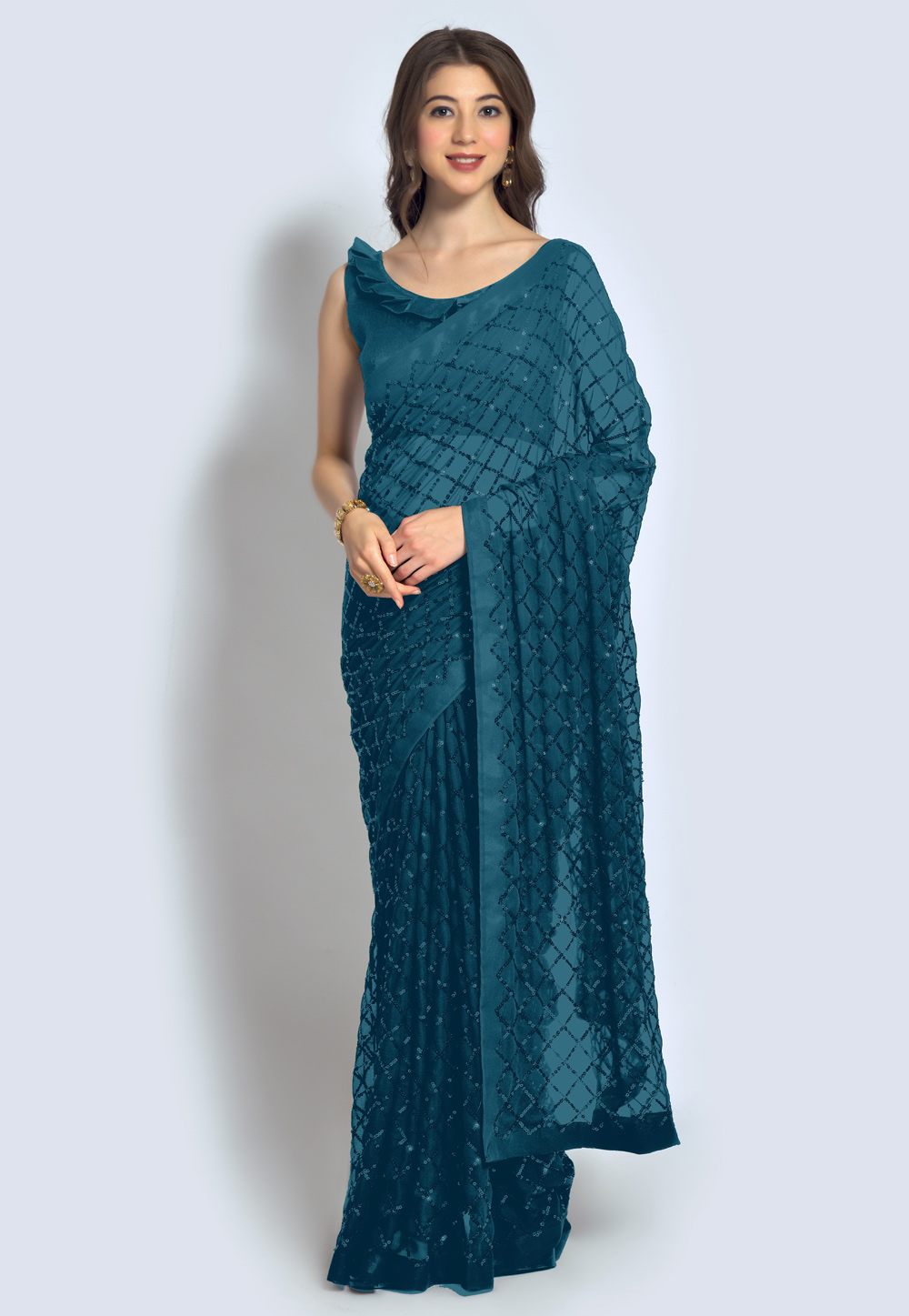 Teal Georgette Sequence Saree With Blouse 244295