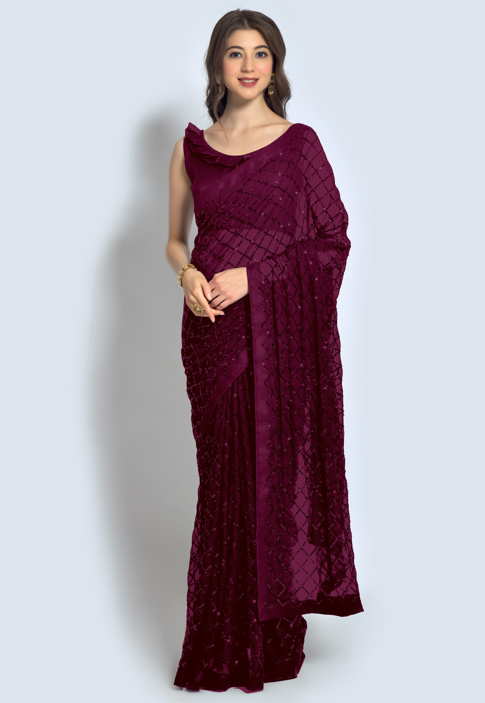 Purple Georgette Sequence Saree With Blouse 244297