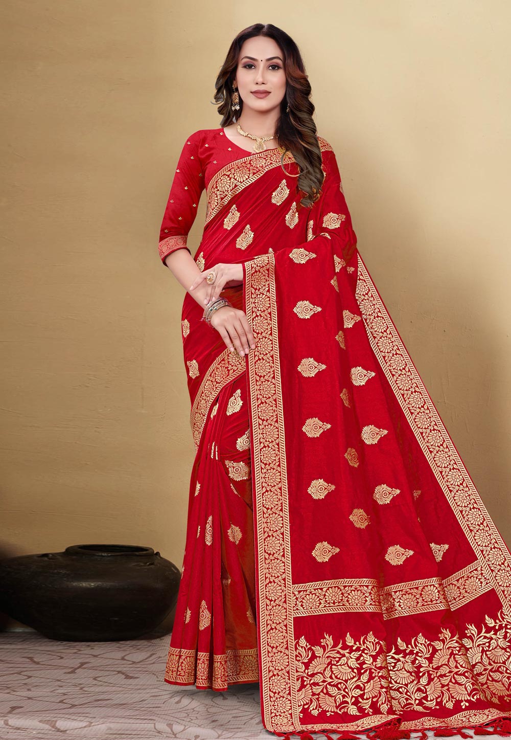 Red Cotton Saree With Blouse 244656