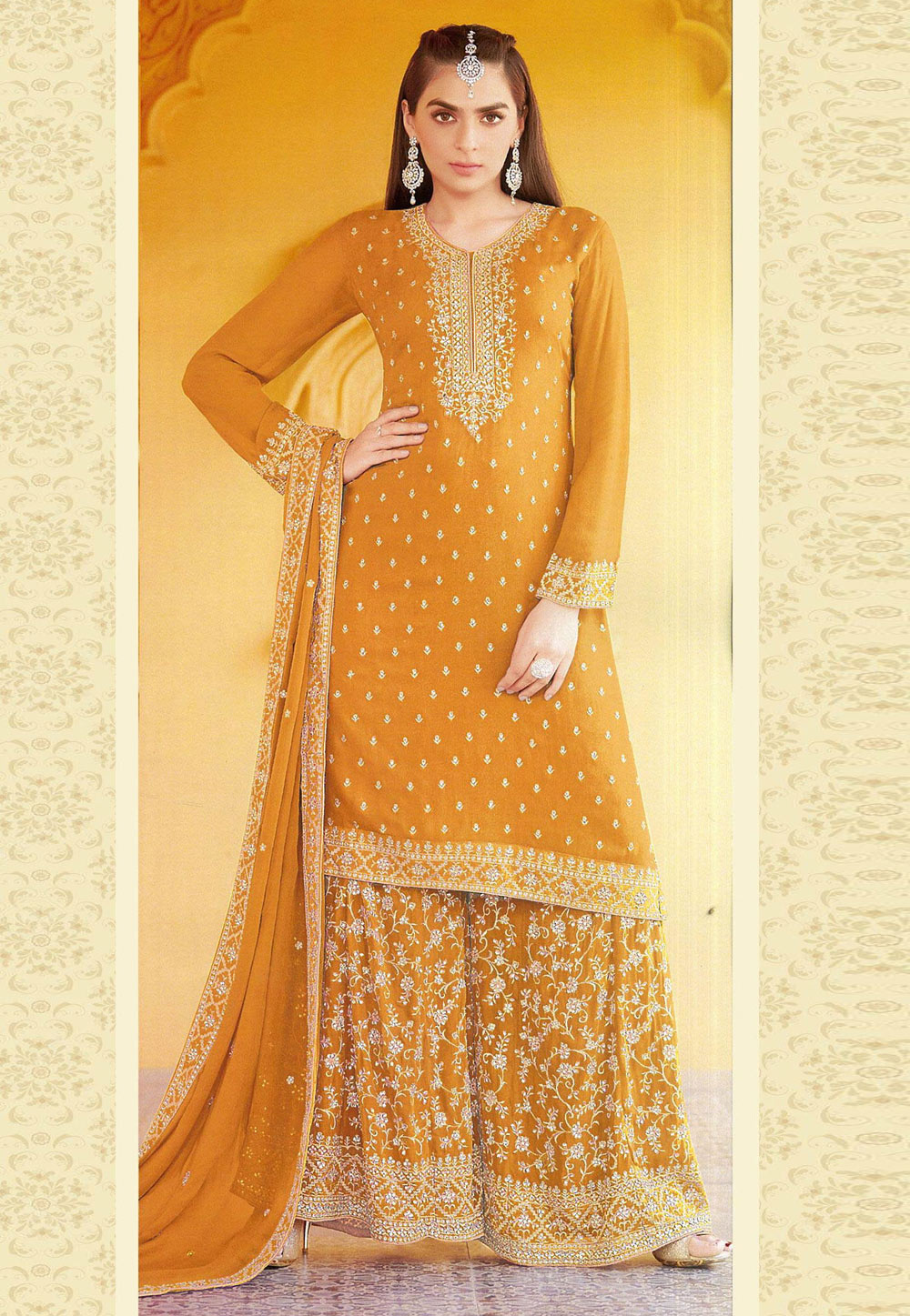 Mustard Faux Georgette Kameez With Palazzo 245652