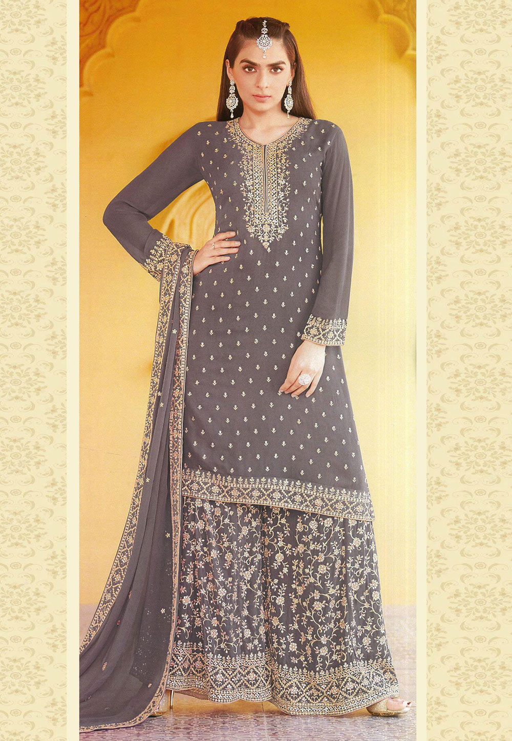 Grey Faux Georgette Kameez With Palazzo 245654