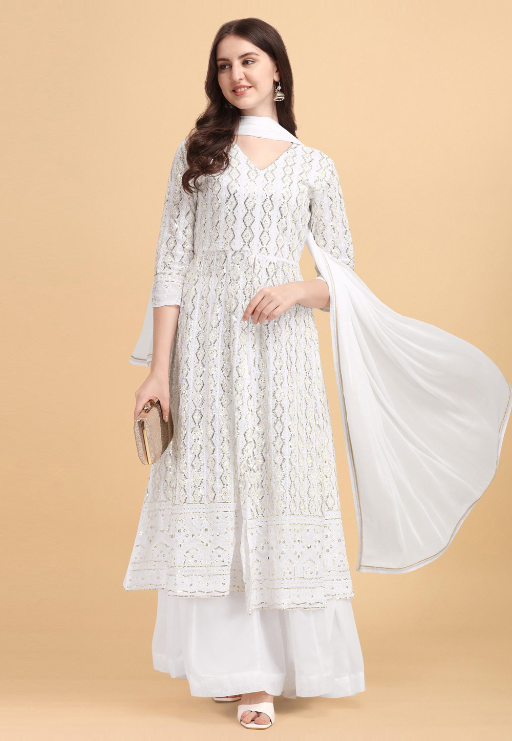 White Faux Georgette Kameez With Palazzo 246313