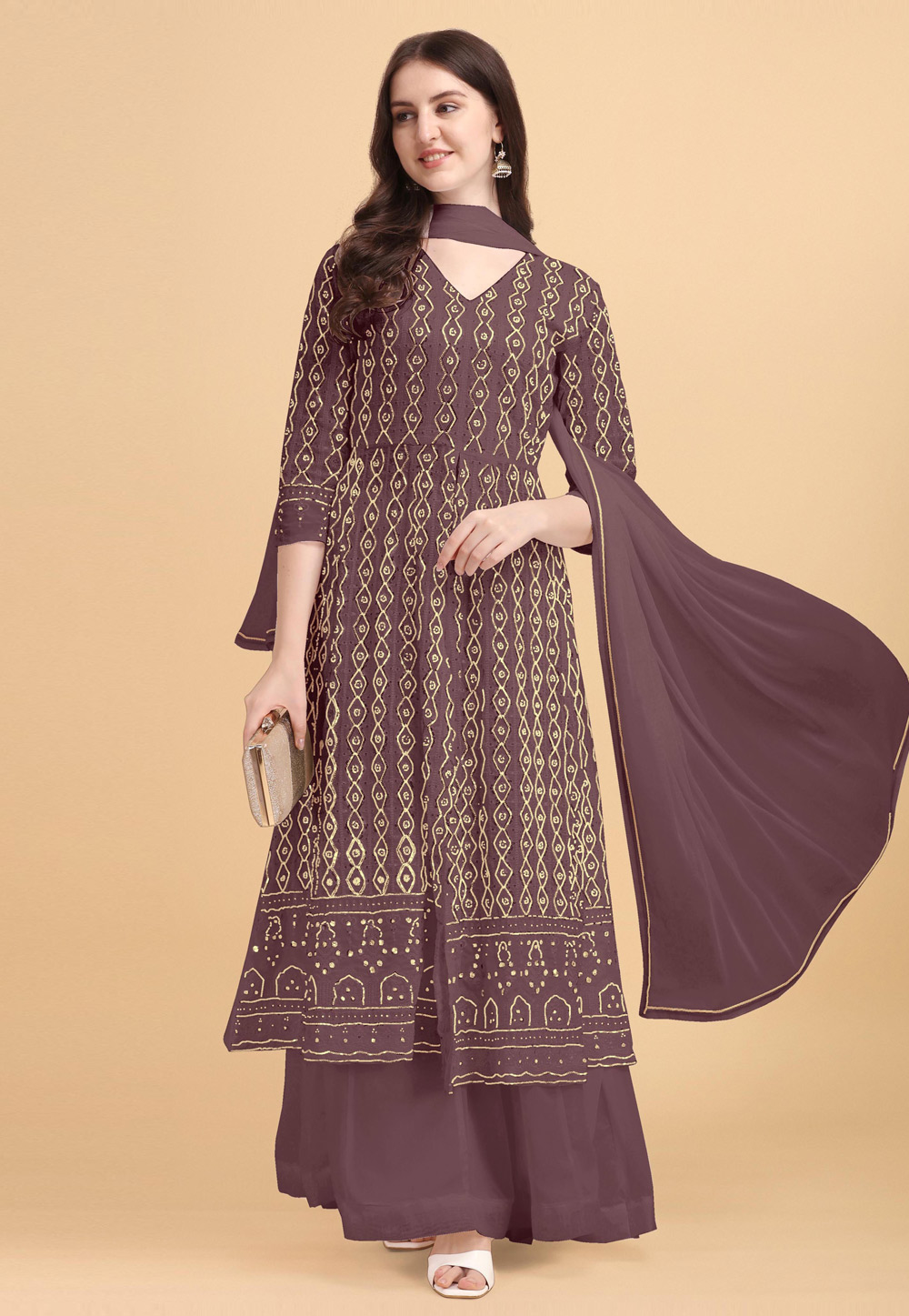 Brown Faux Georgette Kameez With Palazzo 246315