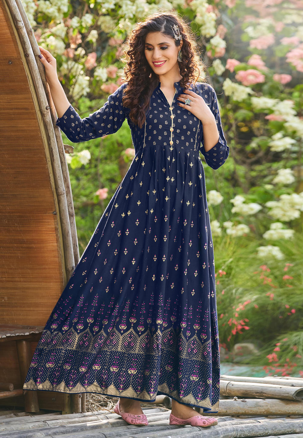 Navy Blue Rayon Printed Gown 247668
