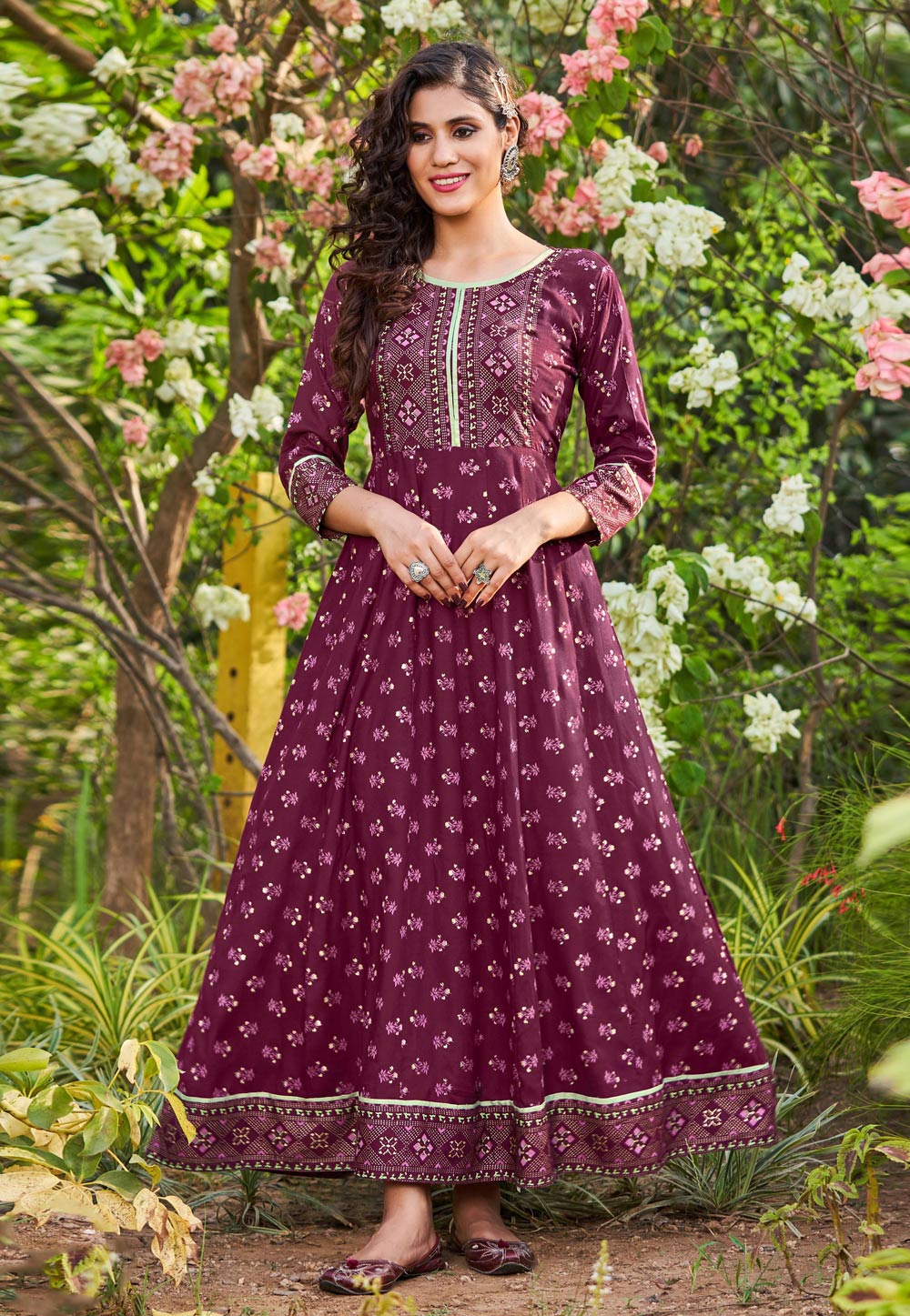 Wine Rayon Printed Gown 247672