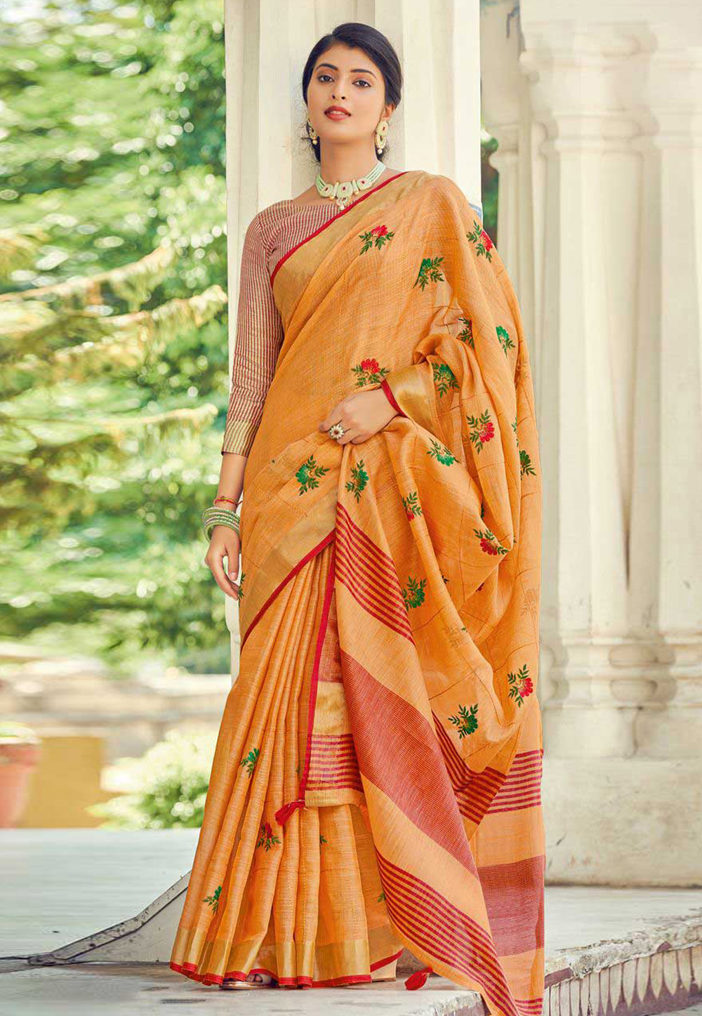 Orange Linen Saree With Blouse 248275
