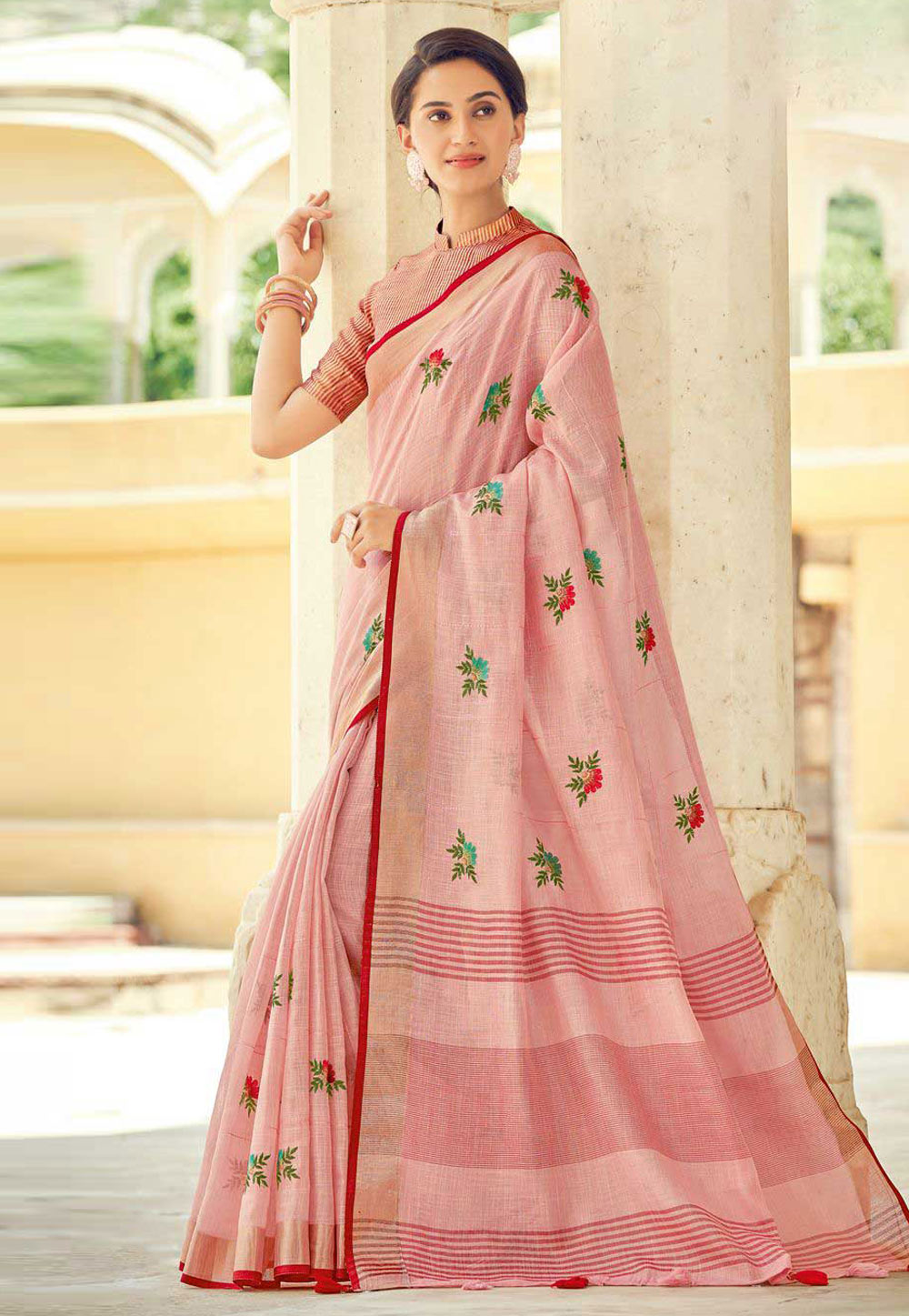 Pink Linen Saree With Blouse 248280