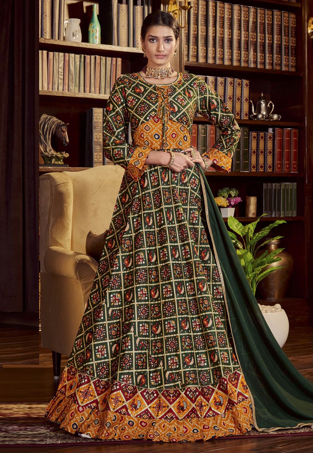 Green Cotton Readymade Abaya Style Anarkali Suit 248261