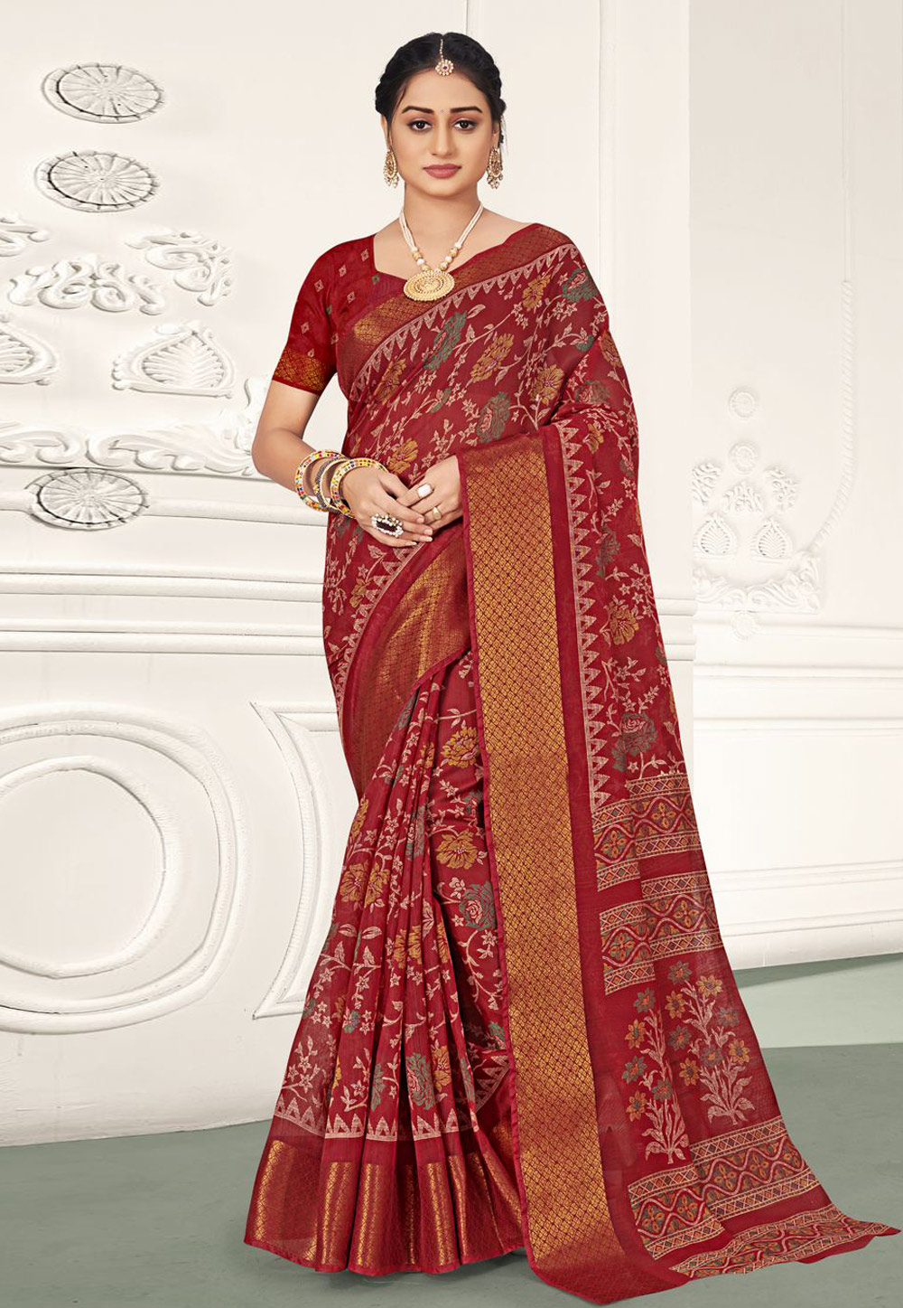 Red Cotton Saree With Blouse 249029