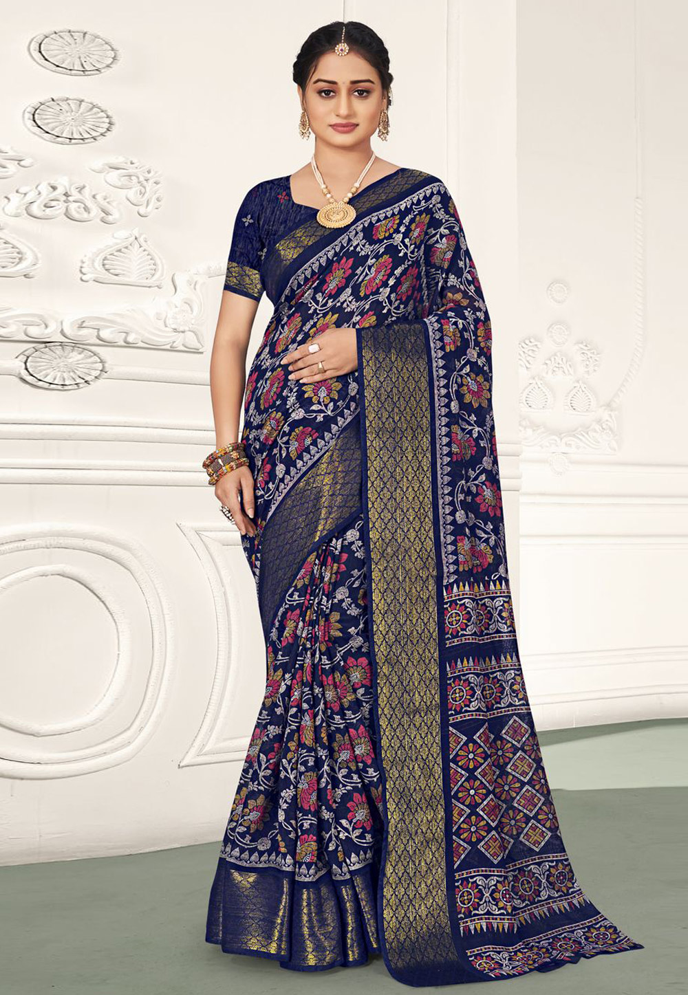 Buy ETHNIC TROVE Women Dark Blue Self Design Cotton Silk Bollywood Saree  Online at Best Prices in India - JioMart.