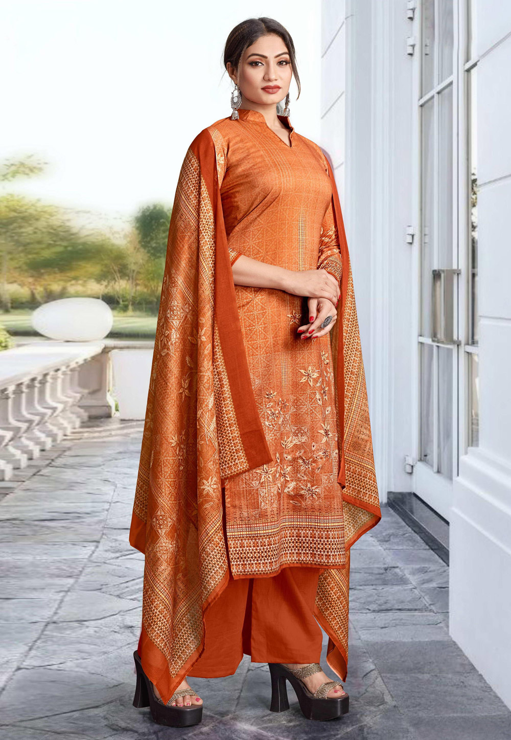 Orange Cotton Palazzo Suit 249344