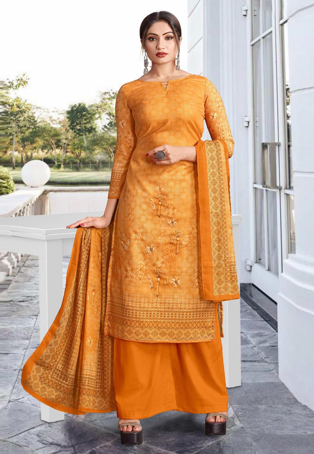 Orange Cotton Palazzo Suit 249350