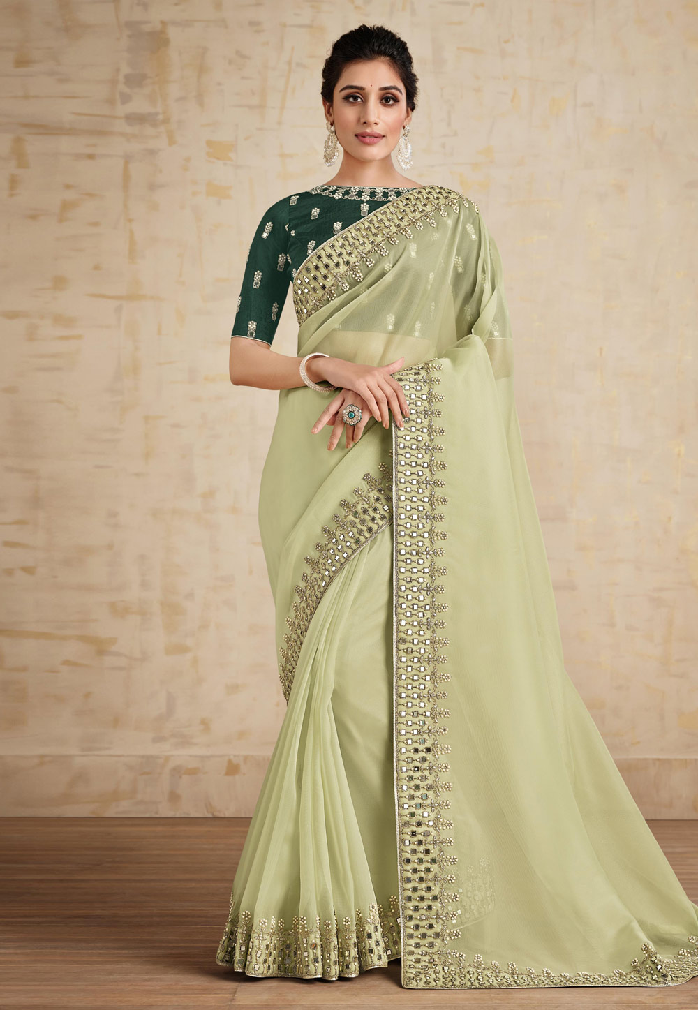 Buy Pista Green Kiwi Crush Linning Designer Saree | Appelle Fashion