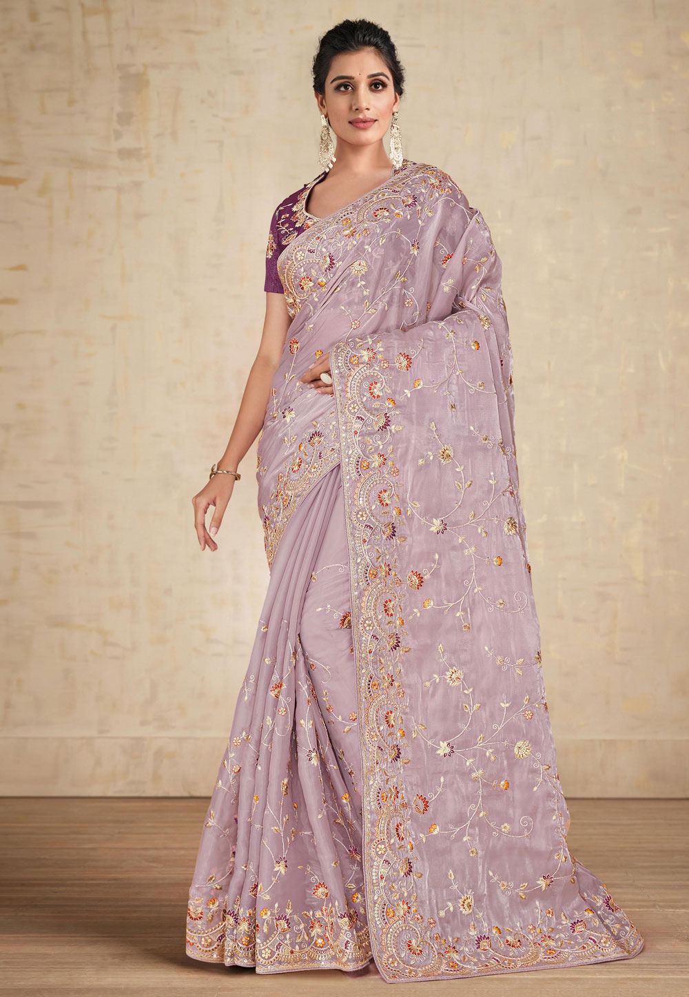 Light Purple Satin Silk Saree With Blouse 250902