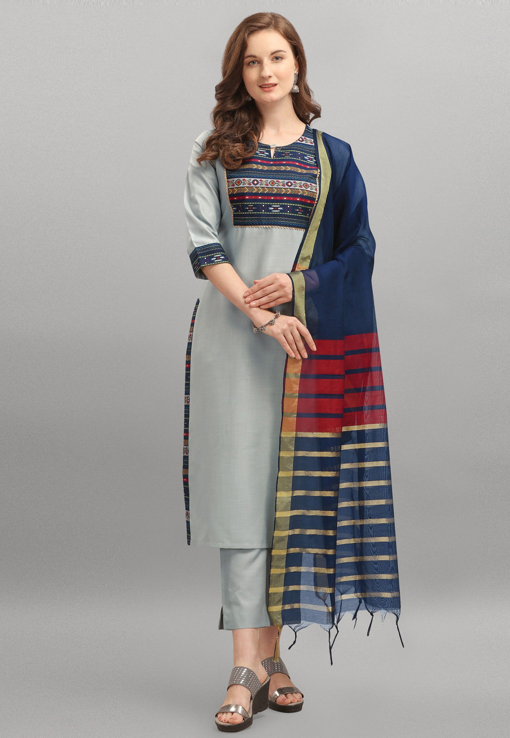 Grey Cotton Readymade Pant Style Suit 251241