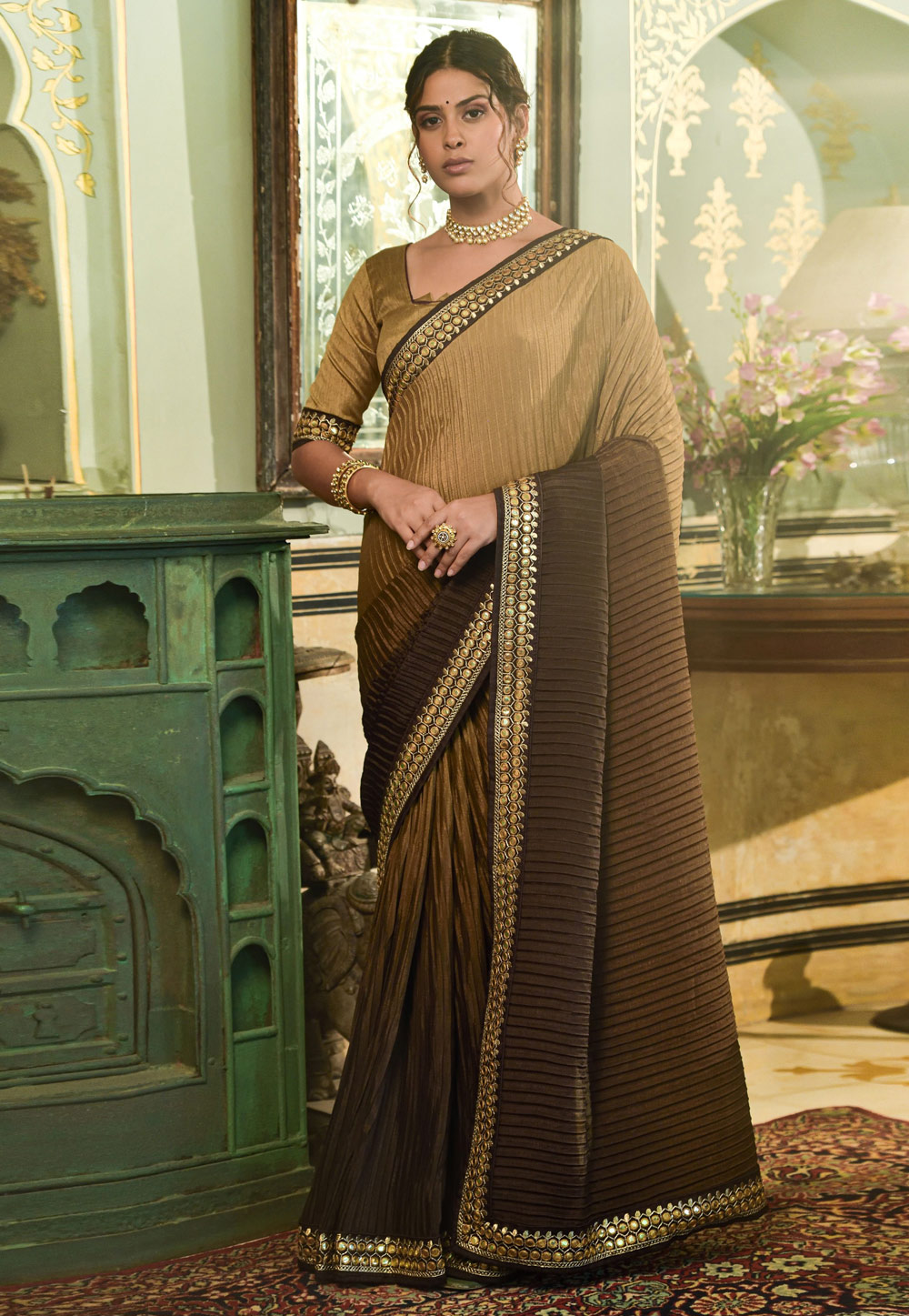 Brown Chinon Saree With Blouse 251735
