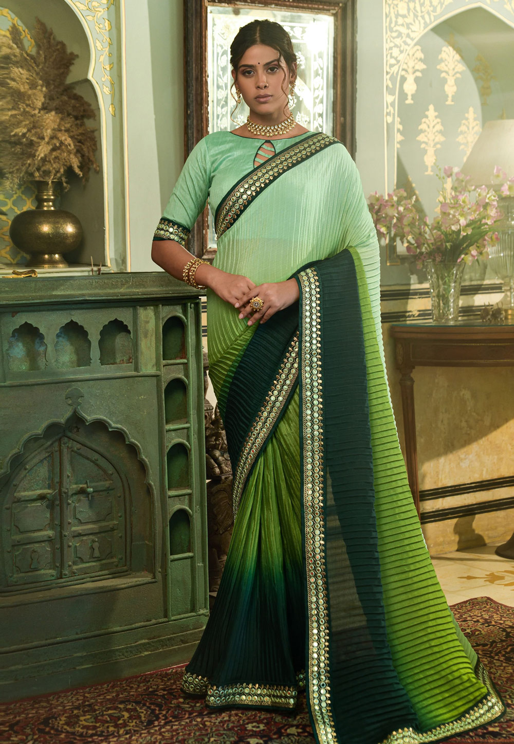 Light Green Chinon Saree With Blouse 251737