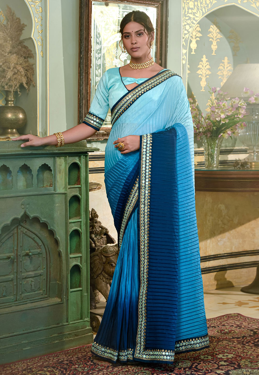 Blue Chinon Saree With Blouse 251739