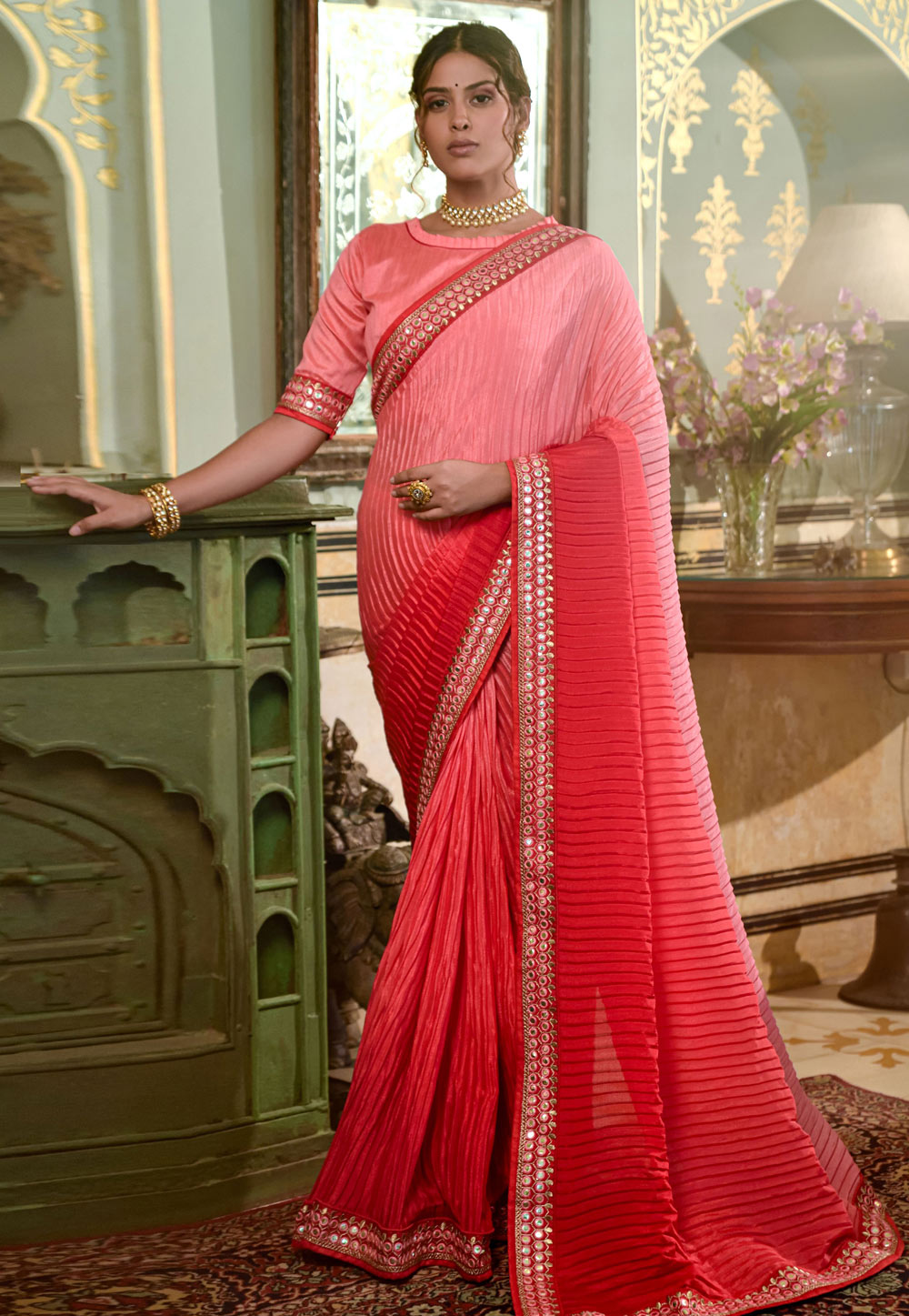 Red Chinon Saree With Blouse 251741