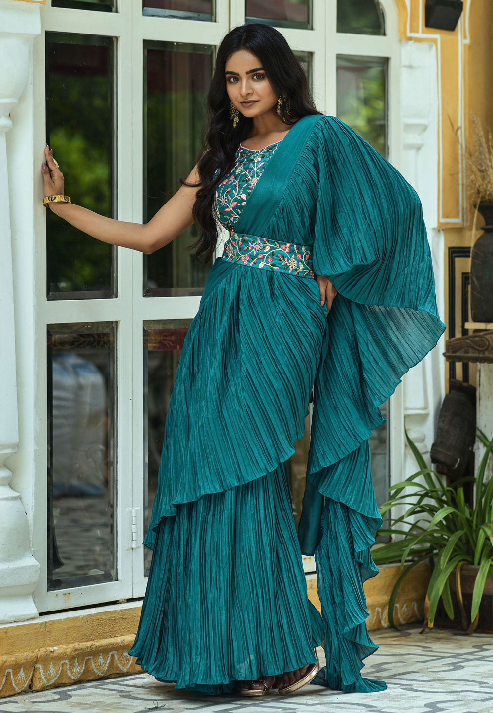 Teal Georgette Designer Saree With Blouse 252098