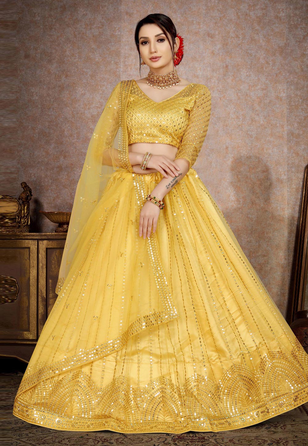Buy Organza Printed Lehenga Choli in Yellow | Lehenga Choli For Women -  (PRS1368) — Karmaplace