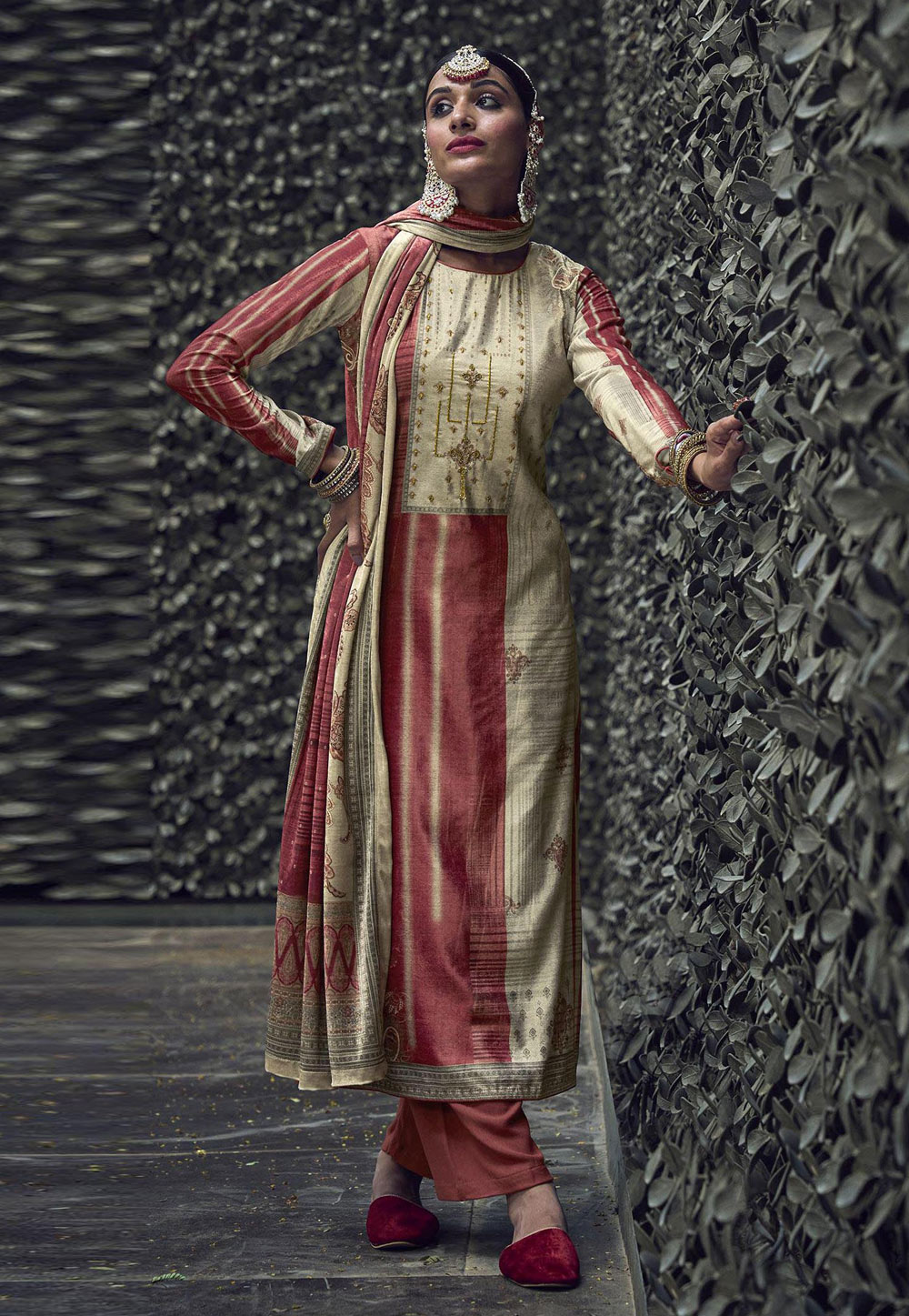 Beige Velvet Palazzo Suit 252701