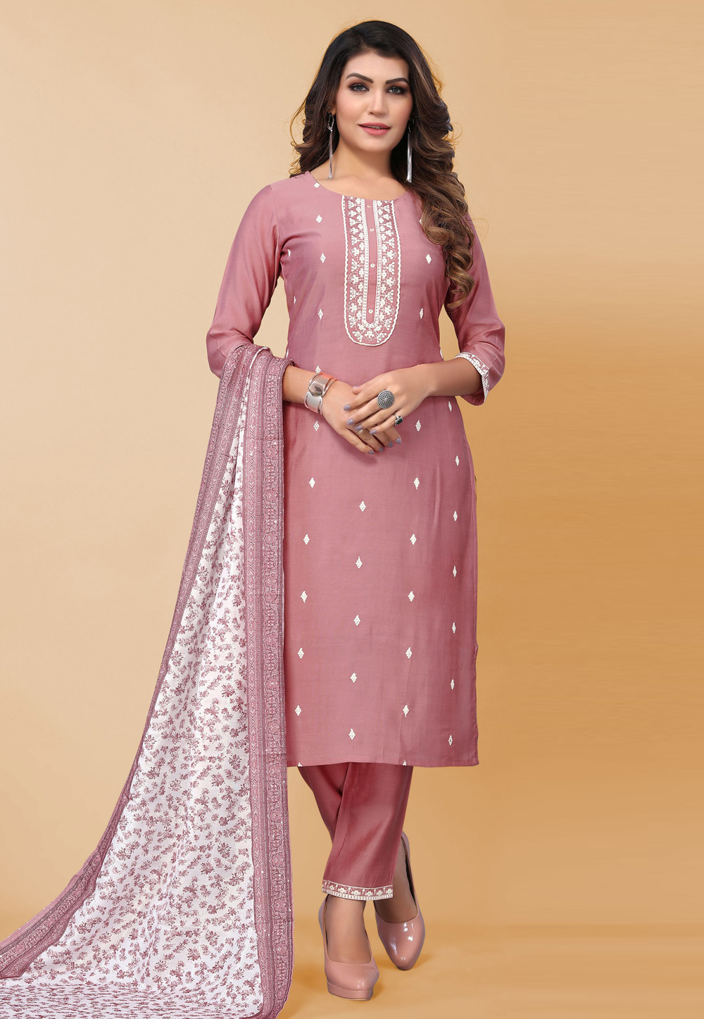 Pink Poly Silk Readymade Pakistani Suit 254075