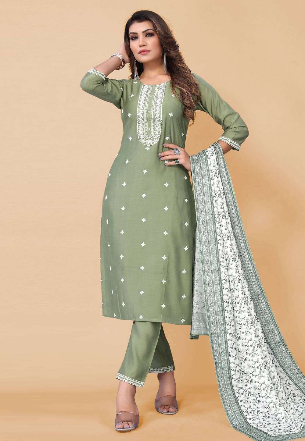 Light Green Poly Silk Readymade Pant Style Suit 254076