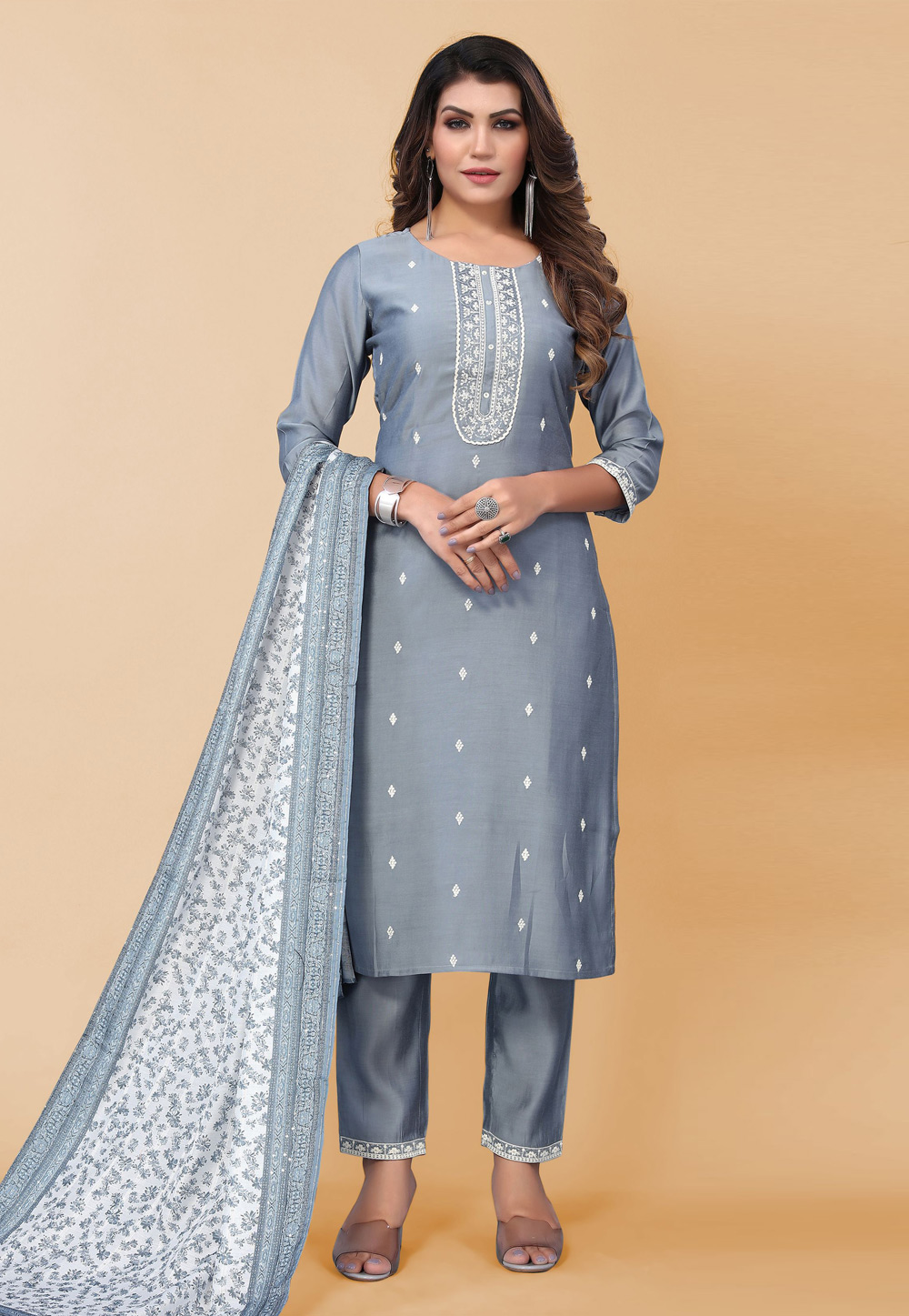 Grey Poly Silk Readymade Pant Style Suit 254078