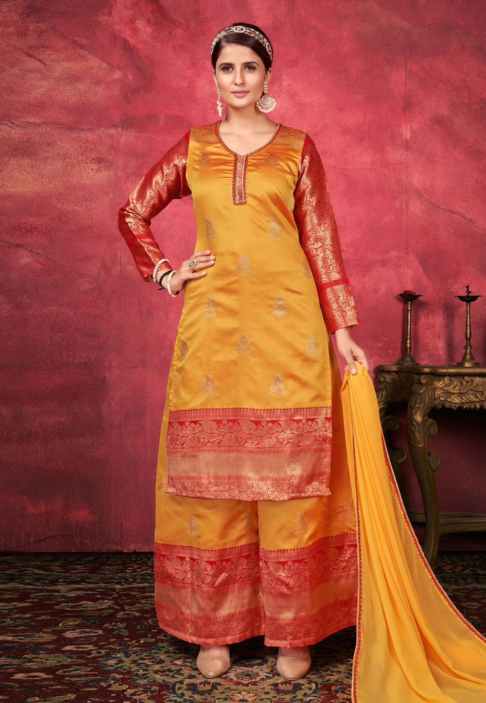 Yellow Art Silk Readymade Pakistani Suit 254352