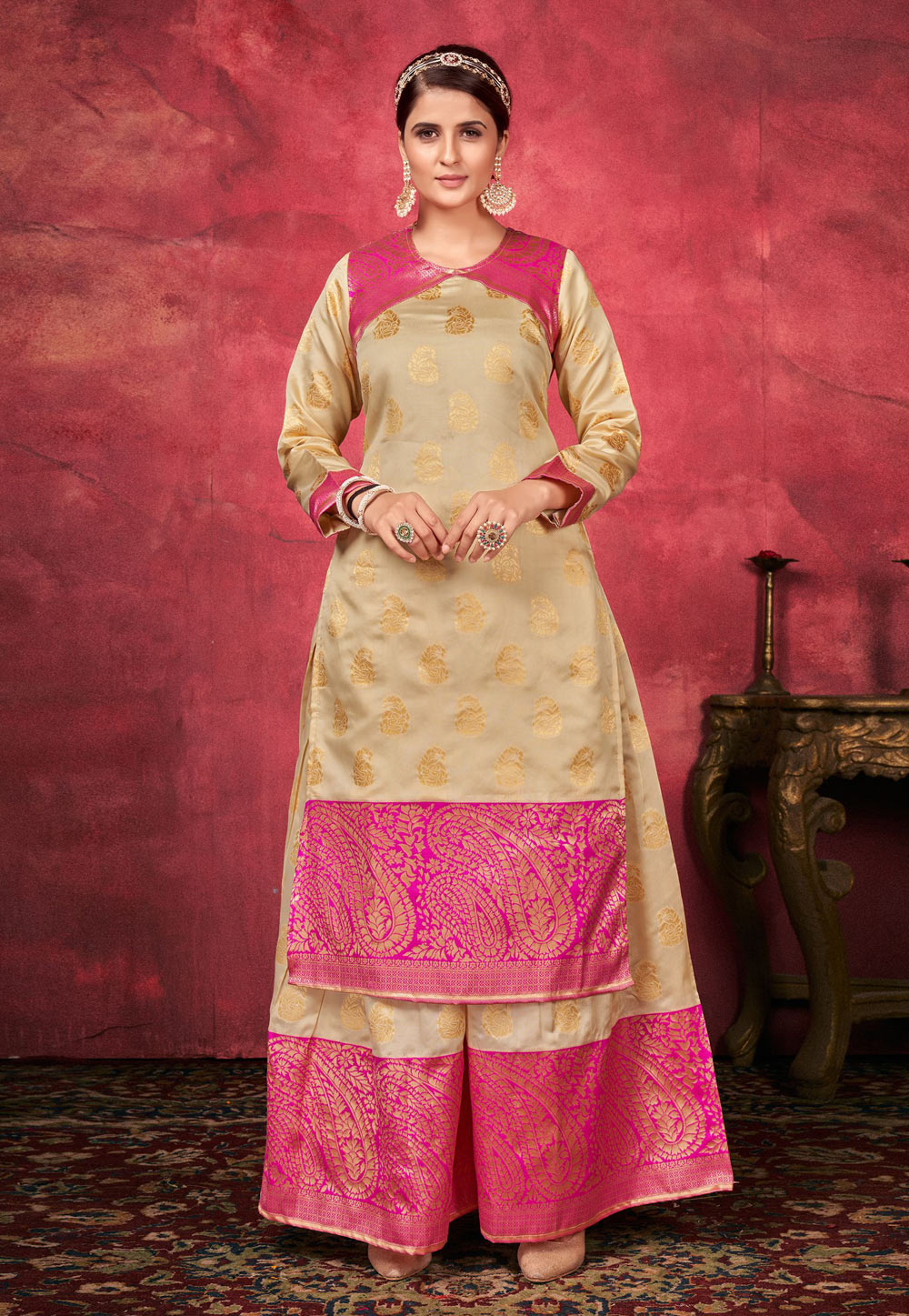 Beige Art Silk Readymade Pakistani Suit 254354