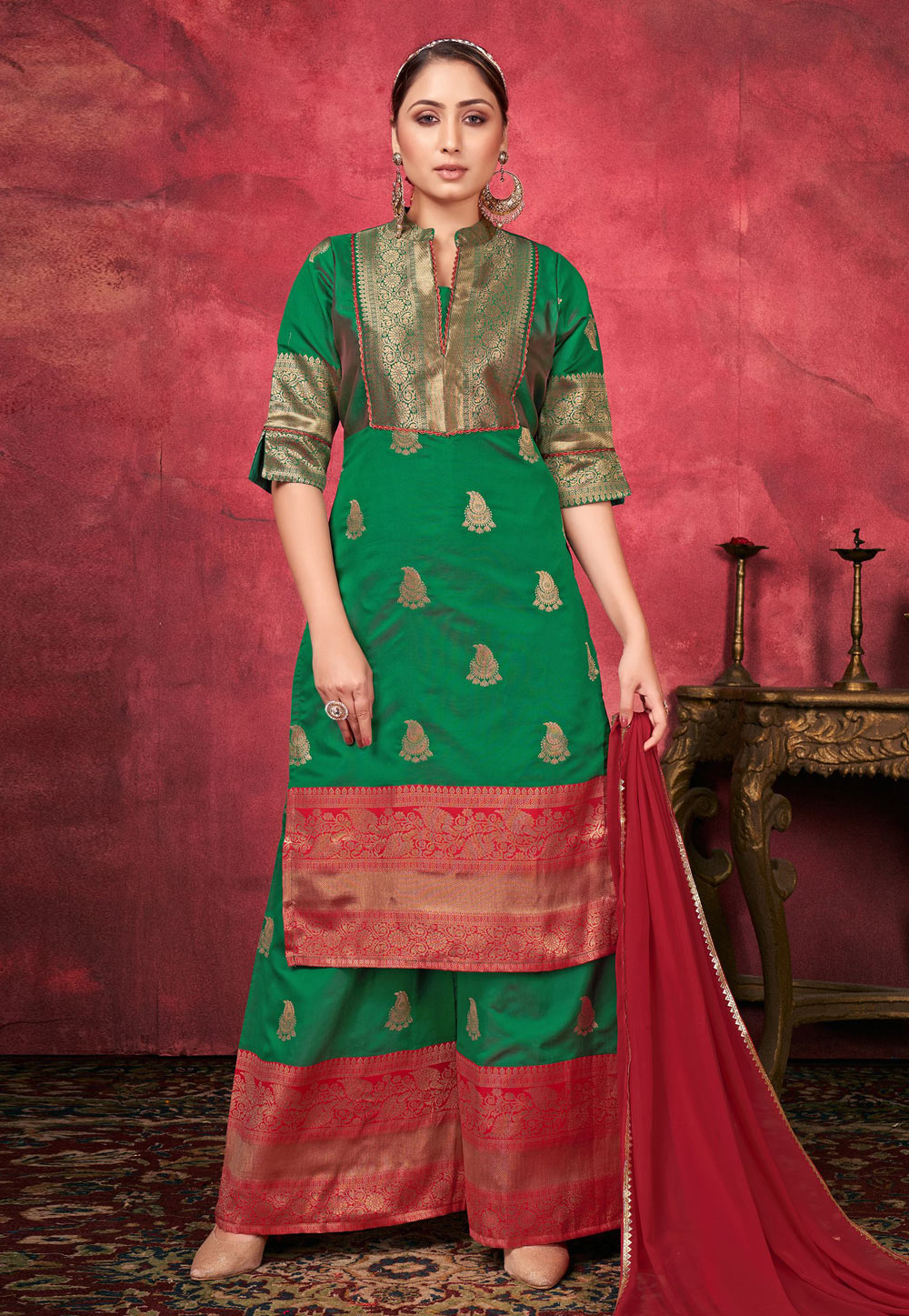 Green Art Silk Readymade Palazzo Suit 254355