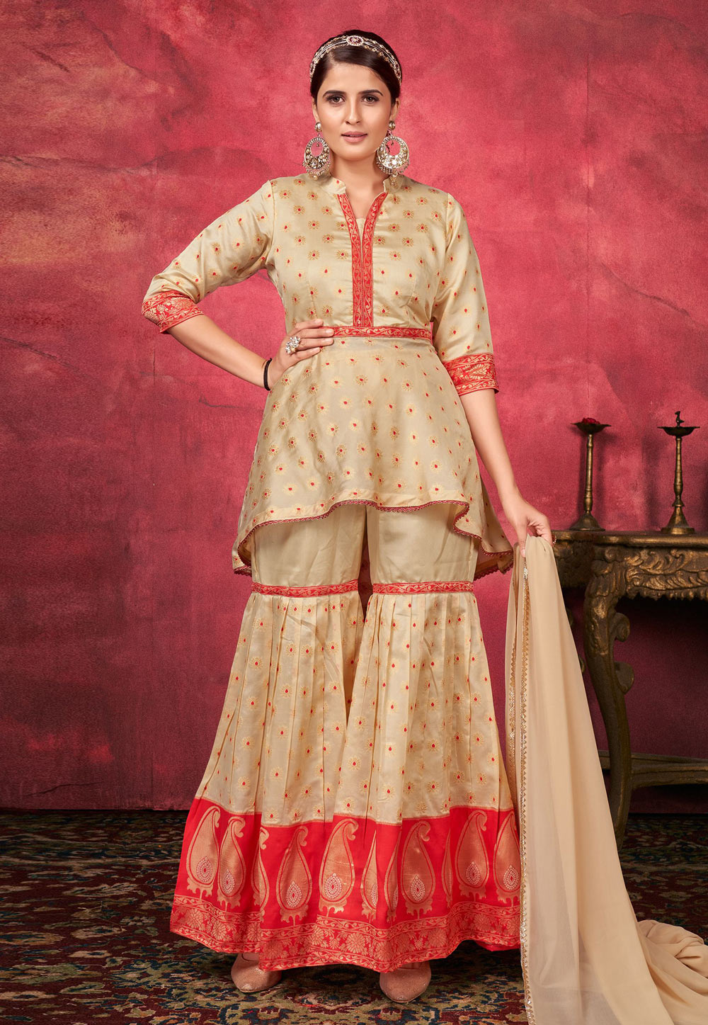 Beige Art Silk Readymade Pakistani Suit 254356