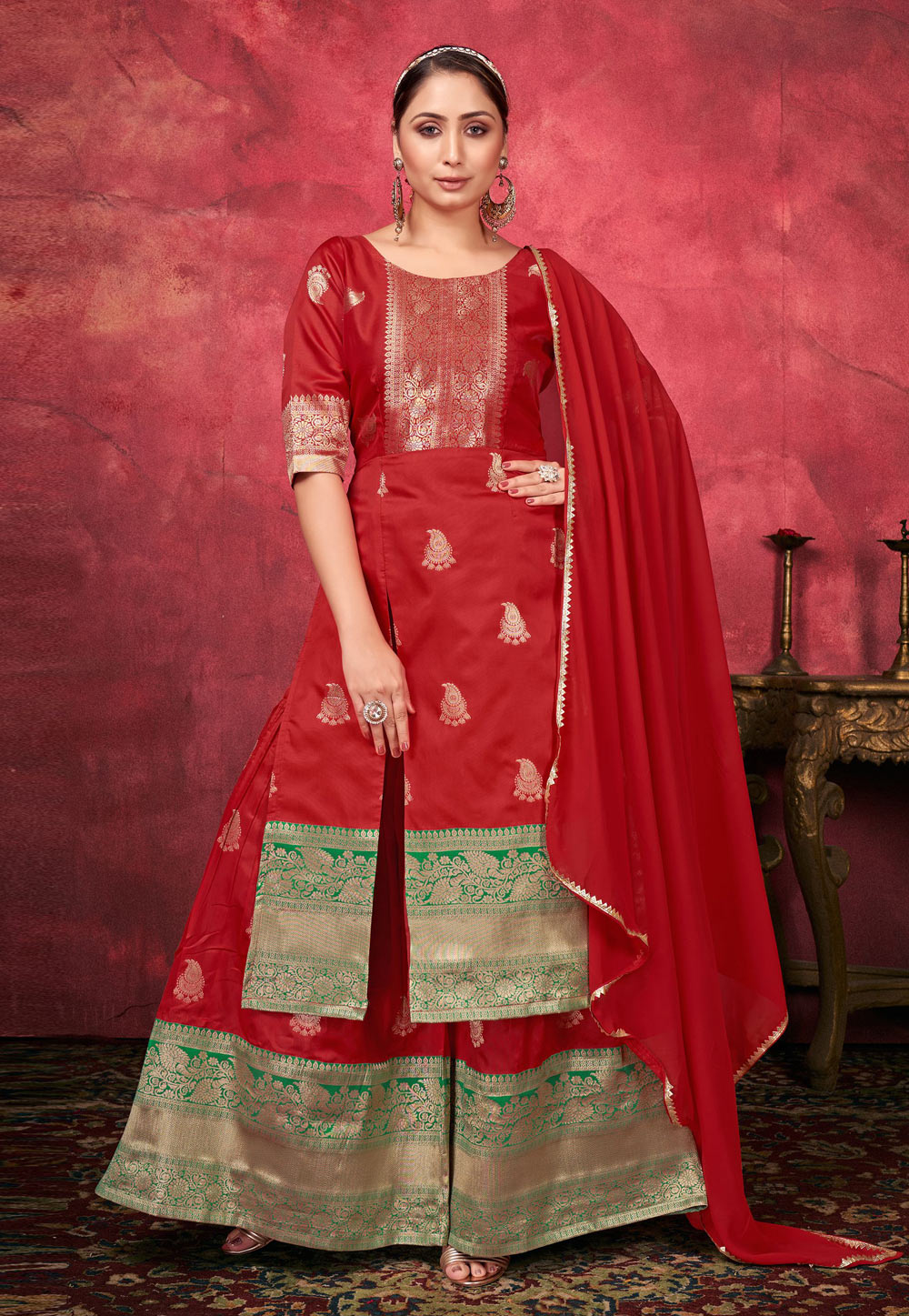 Red Art Silk Readymade Palazzo Suit 254357