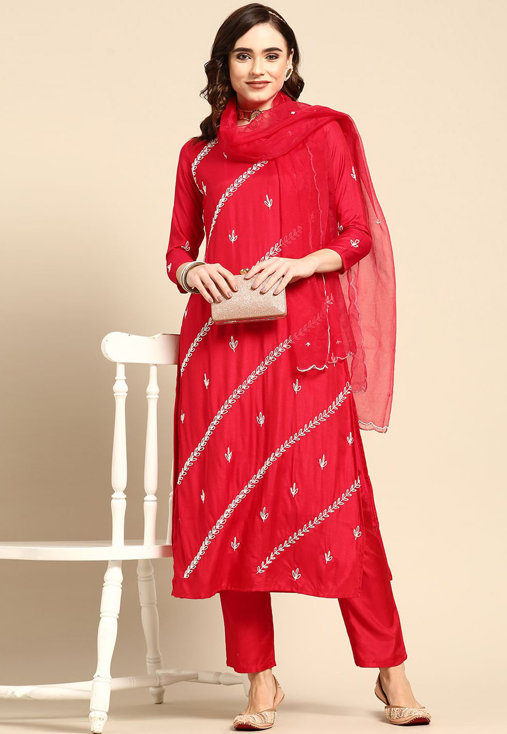 Red Muslin Readymade Pant Style Suit 254489