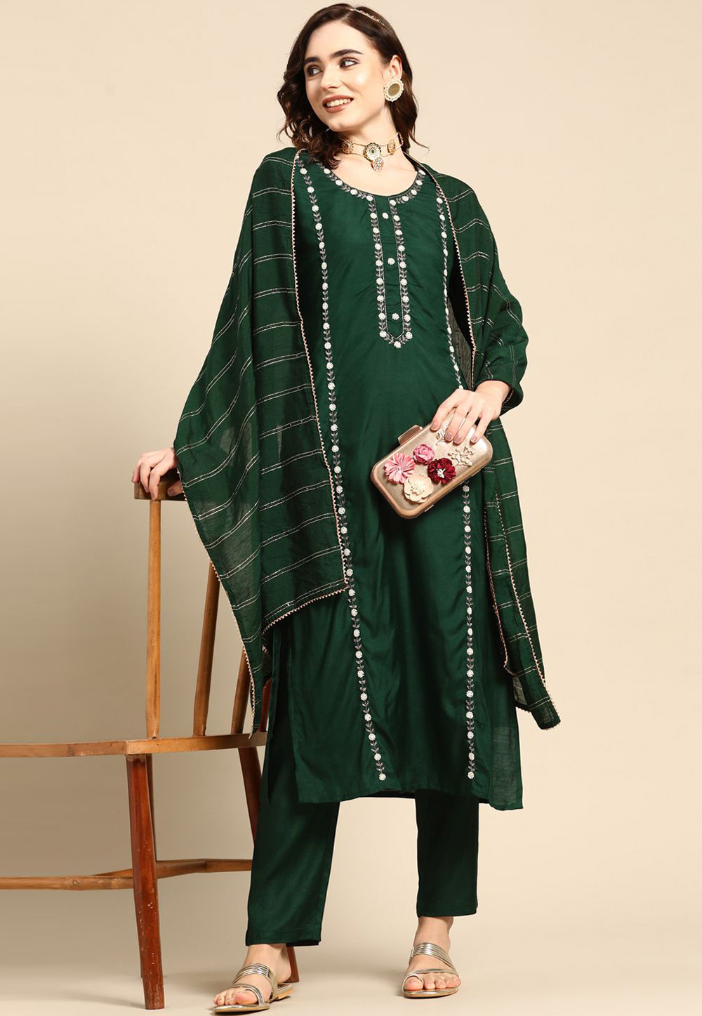 Green Muslin Readymade Pant Style Suit 254491