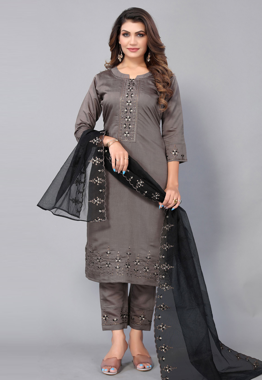 Grey Chinon Readymade Pant Style Suit 254495