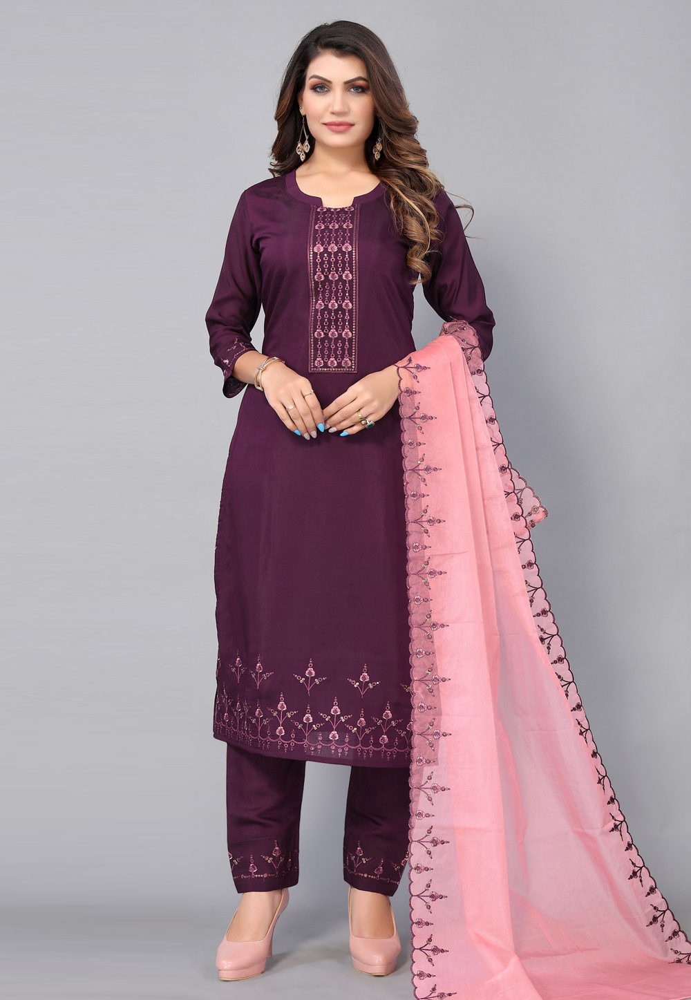 Purple Chinon Readymade Pant Style Suit 254497
