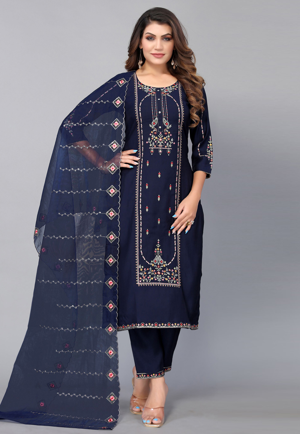 Navy Blue Rayon Readymade Pant Style Suit 254916