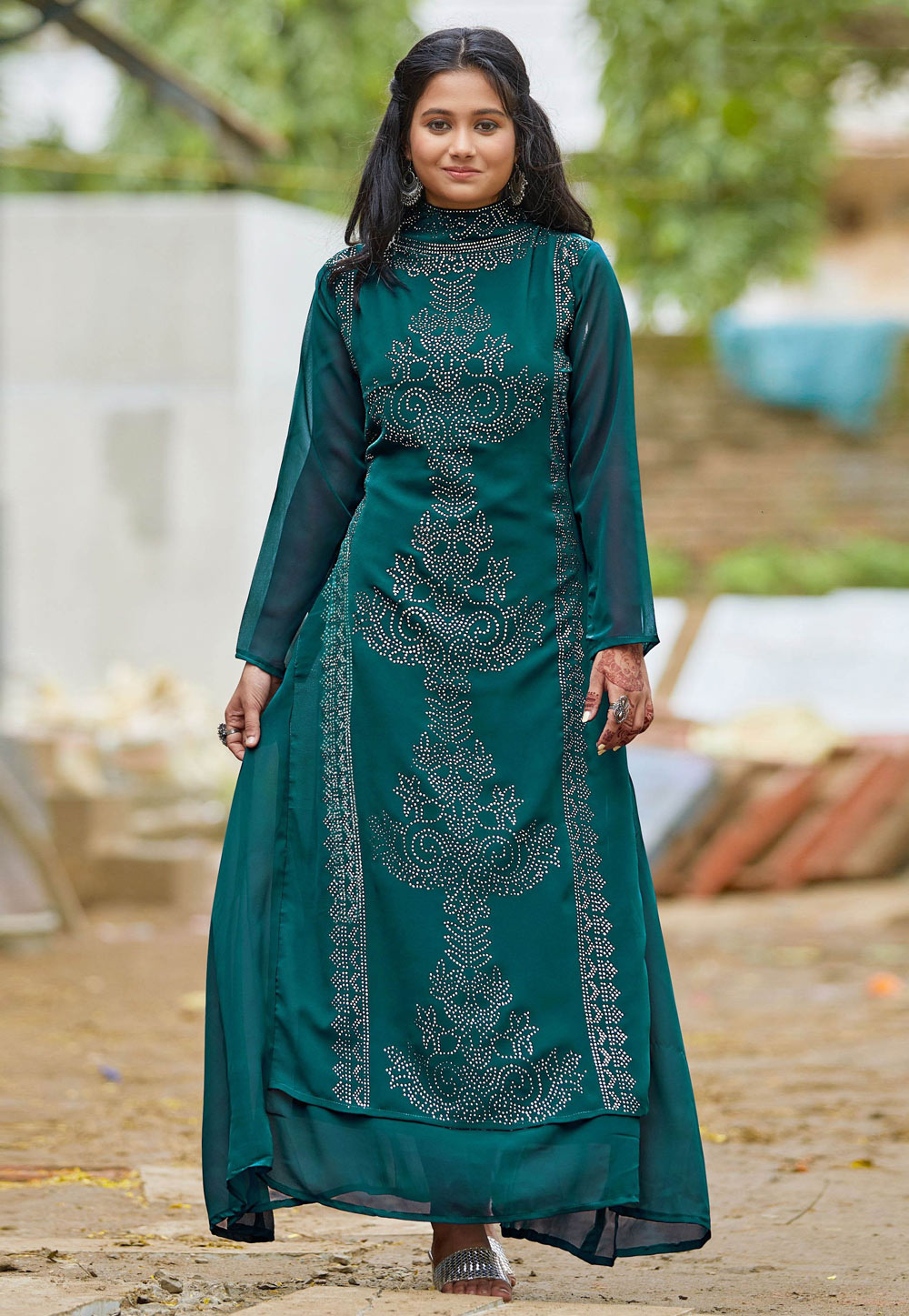 Teal Faux Georgette Gown 254909