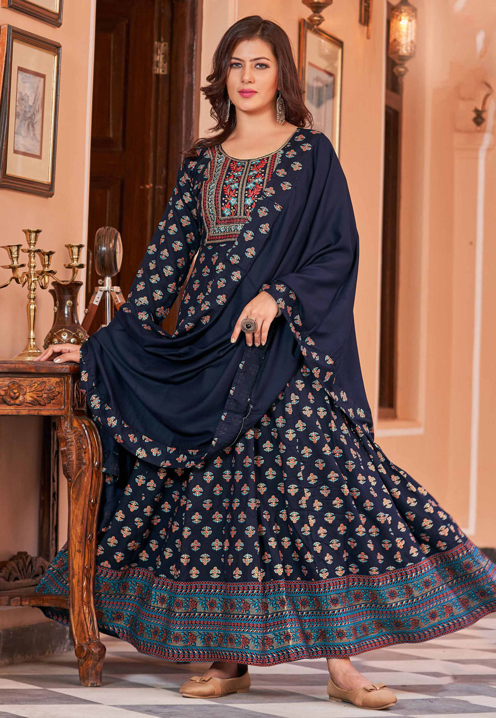 Navy Blue Rayon Printed Gown 254933