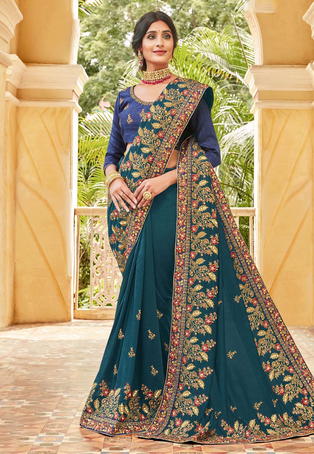 Teal Silk Saree With Blouse 255338